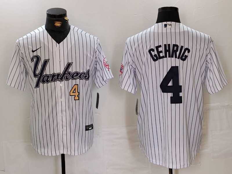 Mens New York Yankees #4 Lou Gehrig White Pinstripe Fashion Cool Base Jerseys